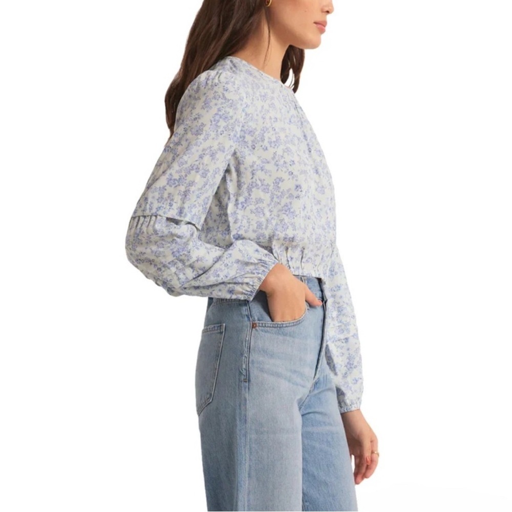 Z Supply Nylah Tropez Cottagecore Light Blue White Cropped Floral Top Size L - Picture 2 of 15